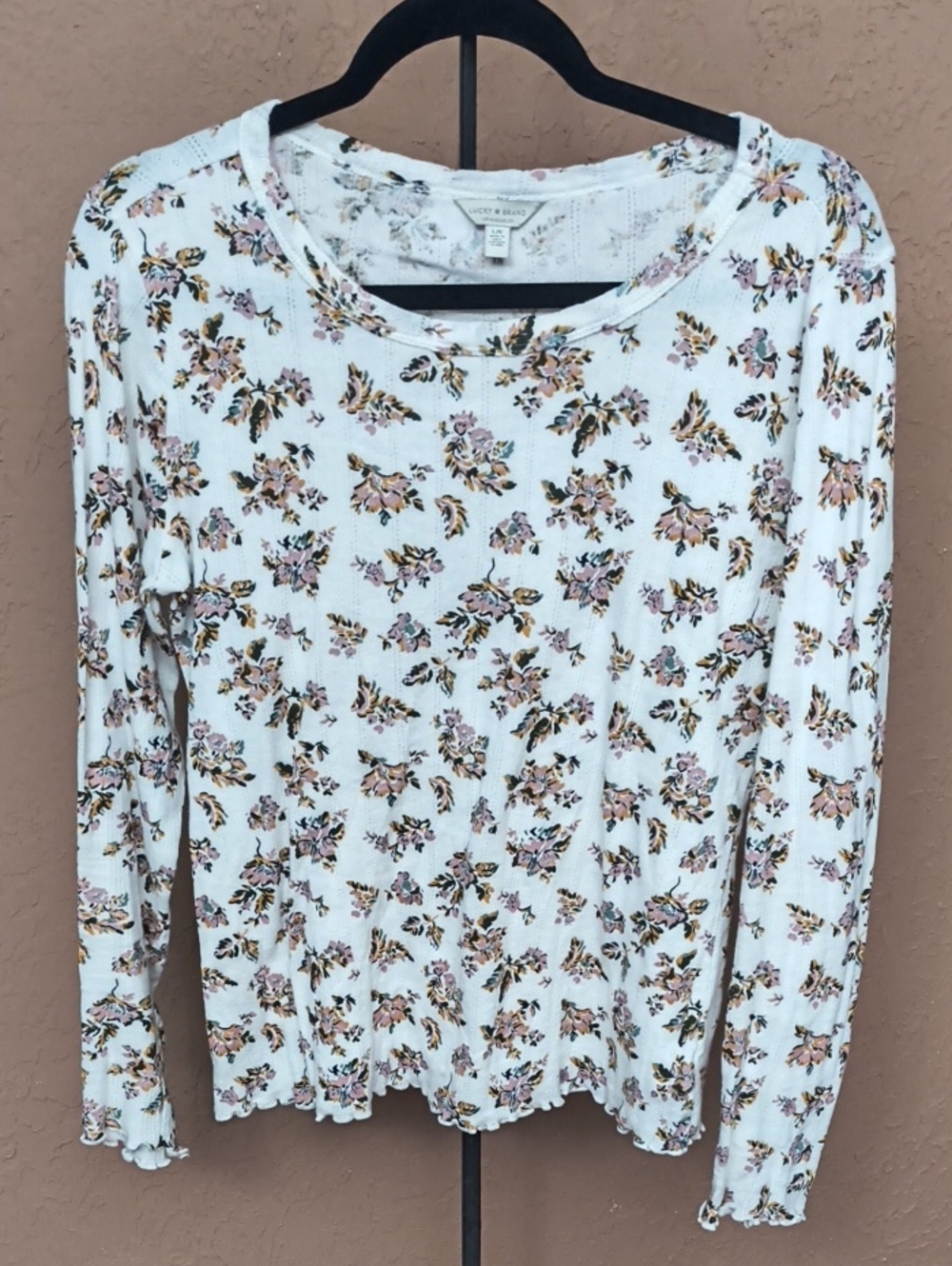 Lucky Brand Women's White Floral Long Sleeve With Ruffles Hem And Cuffs Size L
